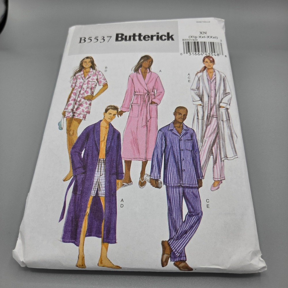 Butterick B5537 Sewing Pattern Unisex Robe Pajamas Top Pants Shorts Size XL-XXXL